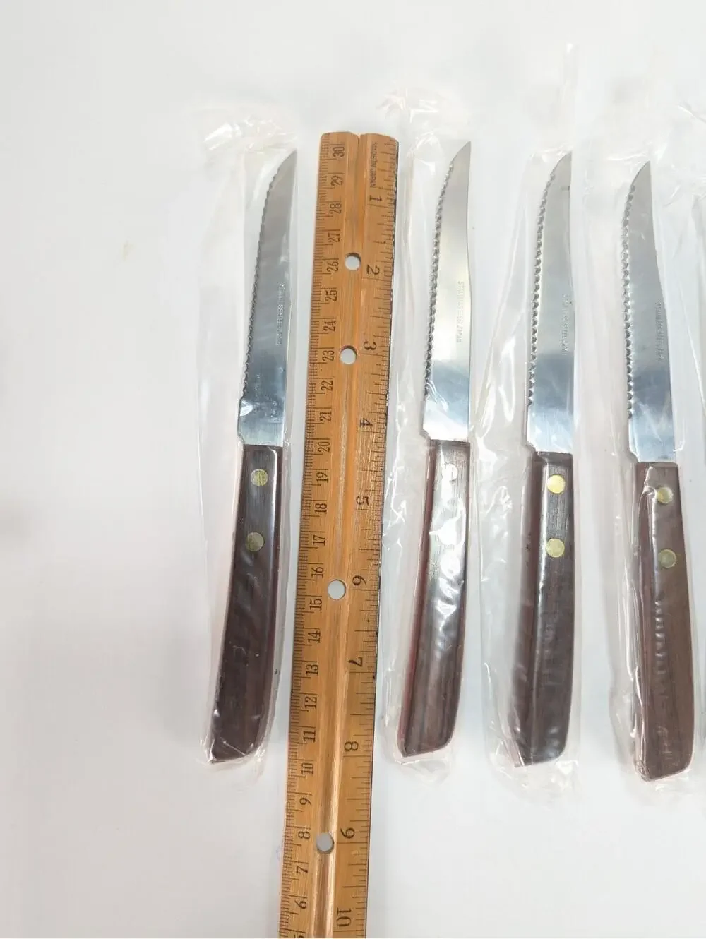Set of 6 Capco 3195 Stainless Steel Steak Knife Rosewood Handle Brass Rivets NOS